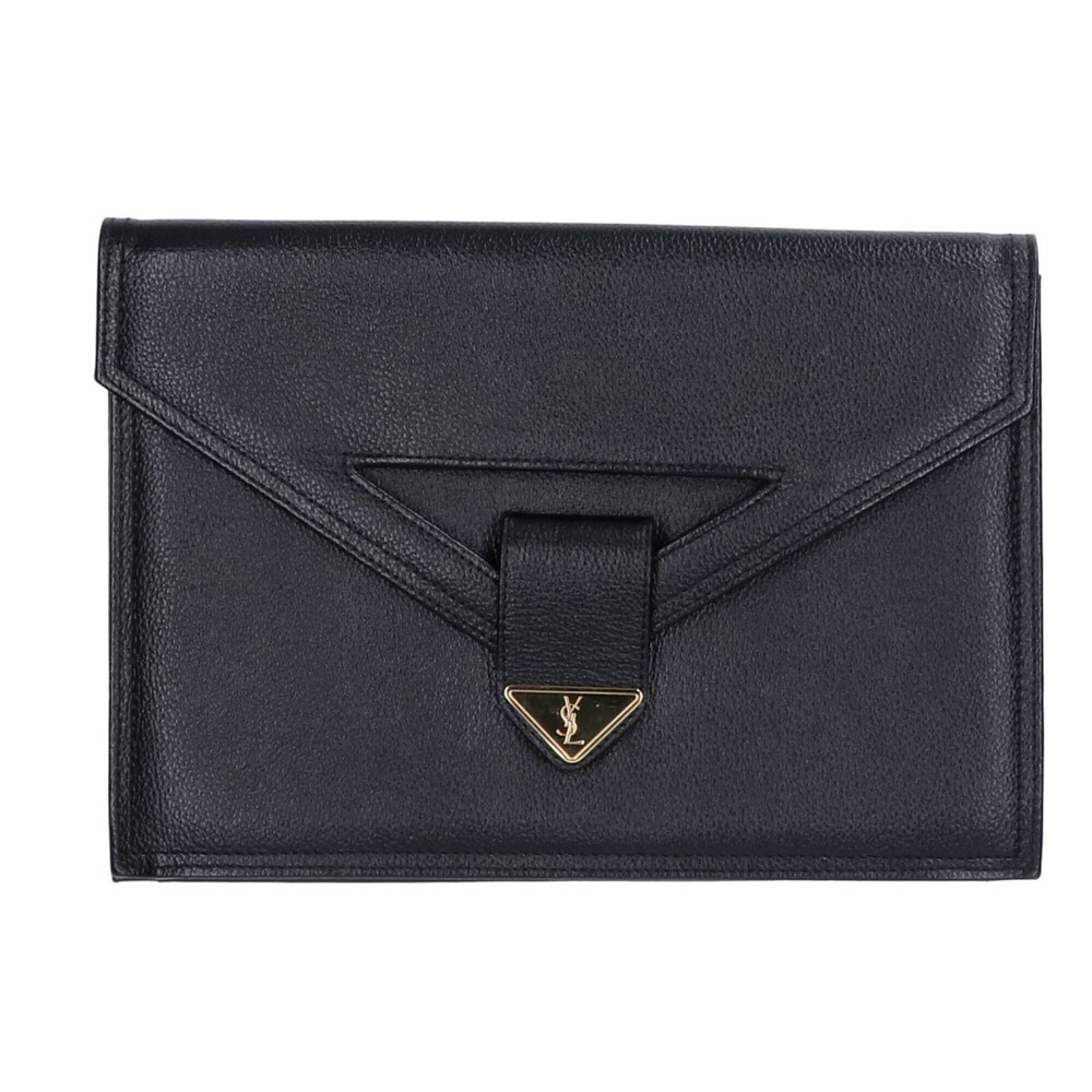 Yves Saint Laurent Vintage Logo Plate Leather Clutch Bag, Second Black Gold, ...